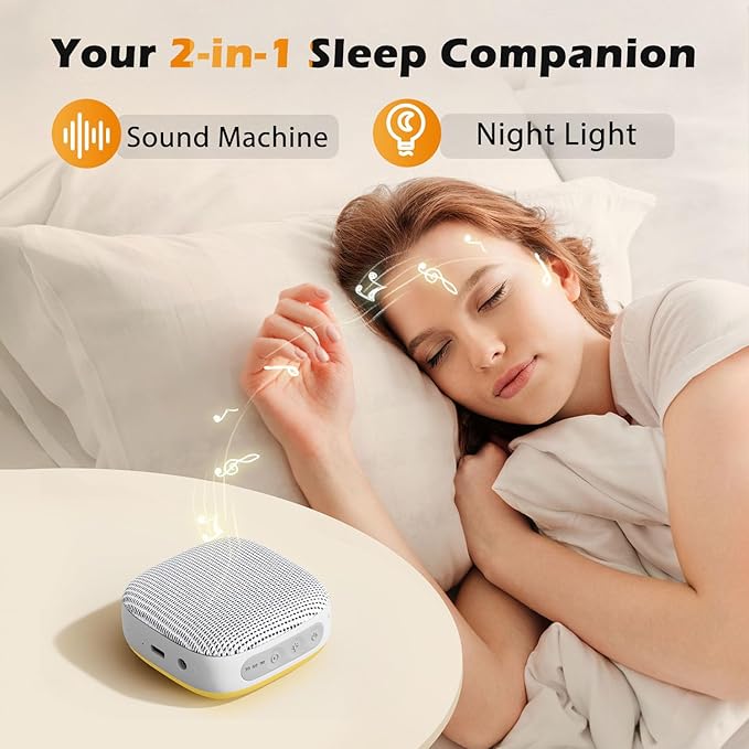 Portable Sound Machine for Travel, White Noise Sound Machine for Sleeping, 52-Hour Lasting Mini Noise Machine with 21 Quality Non-looping Sounds, Headphone Jack, Memory, Timer for Adults,Hotel (White)