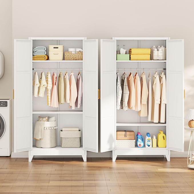 INTERGREAT Metal Wardrobe Closet with 2 Doors, 71” Tall Armoire Wardrobe Closet with Hanging Rod and Adjustable Shelves, Closet for Home Living/Laundry Room(White)