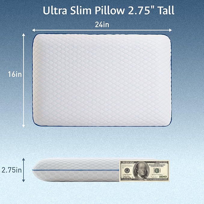 Ultra Slim Cooling Pillow for Stomach and Back Sleepers 2.75 Inch, Support Gel Memory Foam Pillow for Neck Shoulder Pain Relief, Low Loft Thin Flat Bed Pillow for Sleeping Standard Size, Travel Kids