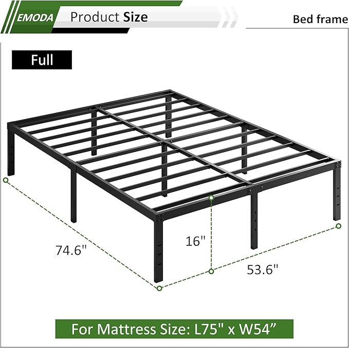 EMODA Full Size Bed Frame 16 Inch Heavy Duty Metal Platform Beds No Box Spring Needed with Sturdy Steel Slats Mattress Foundation, Easy Assembly, Noise Free, Black