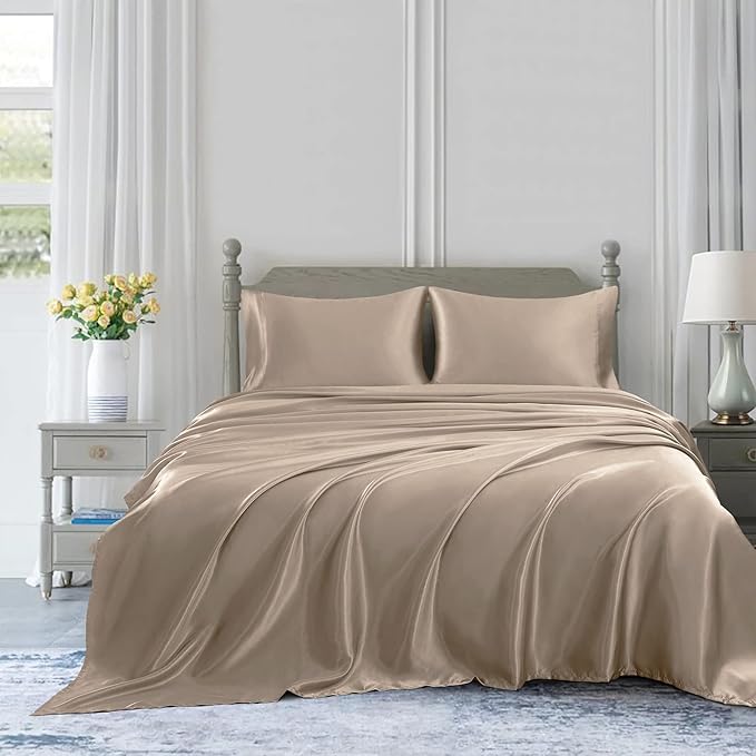 Homiest 4pcs Satin Sheets Set Luxury Silky Satin Bedding Set with Deep Pocket, 1 Fitted Sheet + 1 Flat Sheet + 2 Pillowcases (Full Size, Taupe)