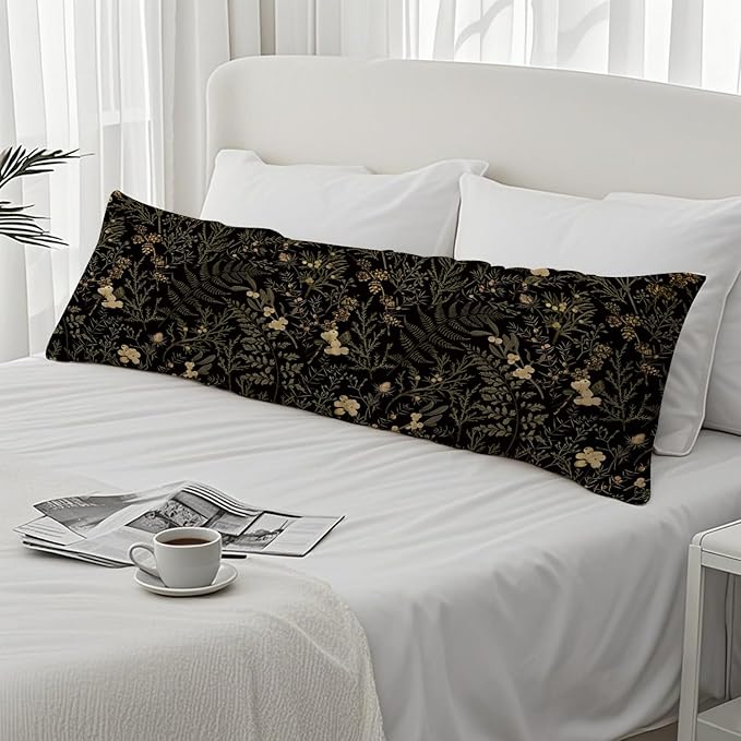 Moody Floral Botanical 20x54 Body Pillow Cover, Dark Aesthetic Room Decor, Rustic Dark Cottagecore Gold Plants Flower Botanical Decorative Long Body Pillow Cases for Bed Couch