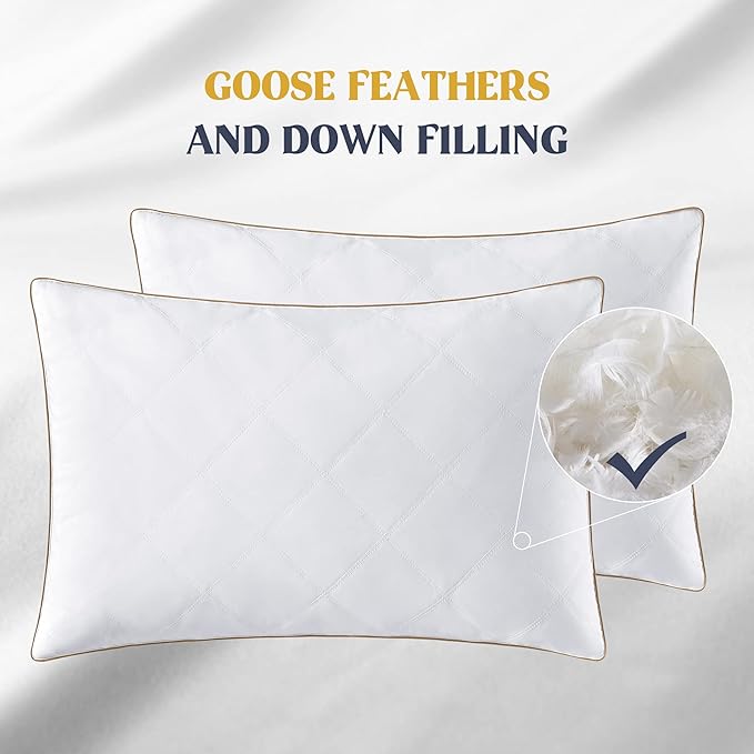 puredown® Goose Feathers and Down Pillow with Diamond Quilting with 100% Cotton Cover, Pack of 2, Queen Size