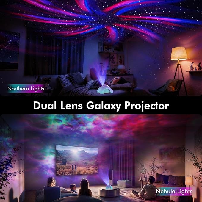 Rossetta Dual Lens Galaxy Projector, Star Projector for Bedroom with White Noise & Bluetooth Speaker, Remote, Timer, Aurora & Nebula Night Light Projector for Room Decor, Gifts for Kids Adults Teens