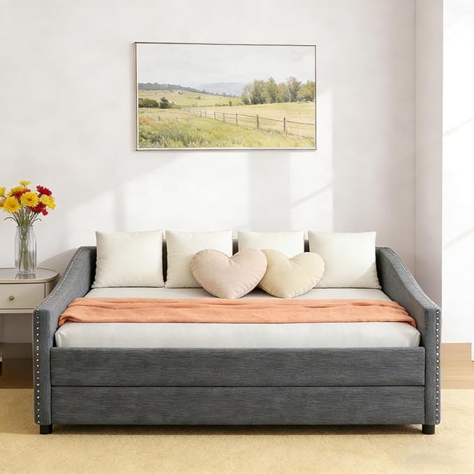 Upholstered Daybed with Trundle, Full Size Day Bed w/Button-Tufted Back and Piping on Waved-Shape Arms for Bedroom or Guest Room, No Box Spring Required, Dark Gray