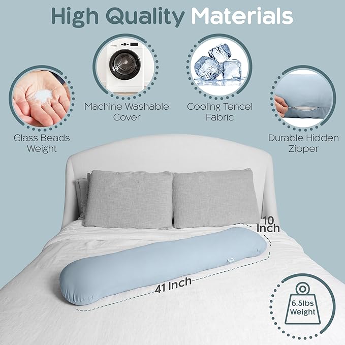 SleepCloud Weighted Body Pillow 6.5lbs - Weighted Pillow for Deeper Sleep (41” x 10”) - Cooling Body Pillows for Adults, Side Sleeper Body Pillows with Cover (Arctic Blue)