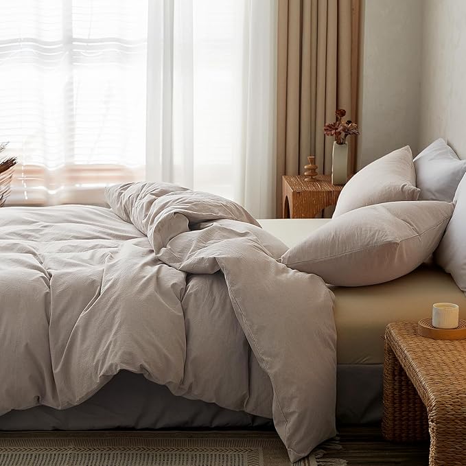 TOCOMOA Duvet Cover Set 100% Washed Cotton Linen Feel Soft Comfy Breathable 3 Piece Comforter Covers Bedding Set (King, Heathered Linen Grey)