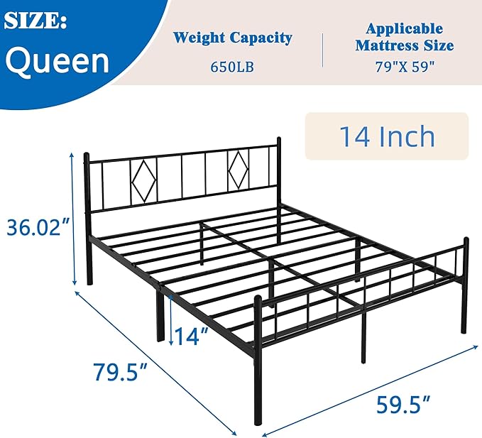 FONTOI Queen Size Bed Frame, 14 Inch Metal Platform Bed with Iron-Art Headboard & Footboard, Max 3500lbs Metal Slat Support, Bed Frame with No Box Spring Needed, Under Bed Storage, Black