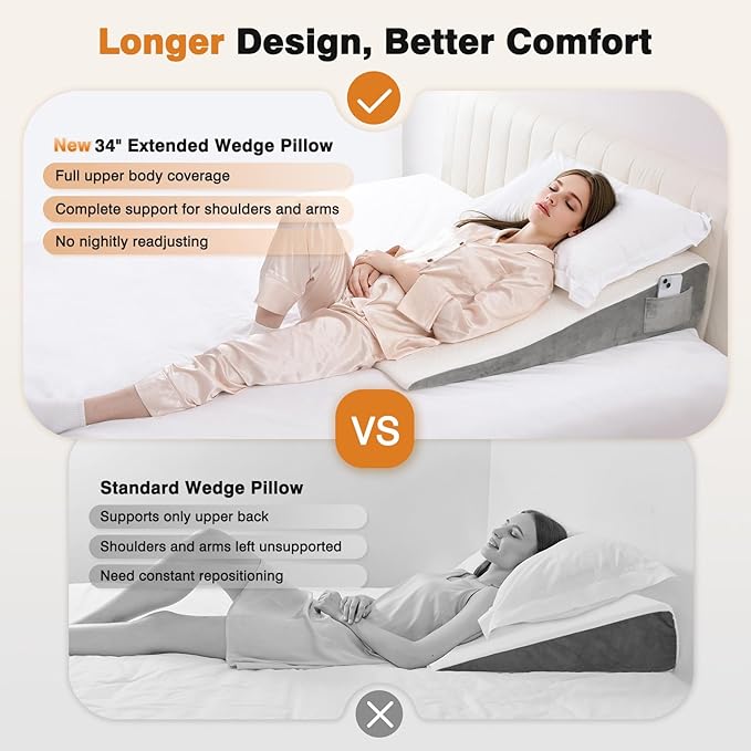 Vekkia 34" Extra-Long Wedge Pillow, Back & Arm Support, Bed Wedge Pillow for Sleeping After Surgery, Acid Reflux, Snoring Relief, Removable Washable Cover & Double Side Pockets, 7.5" Height