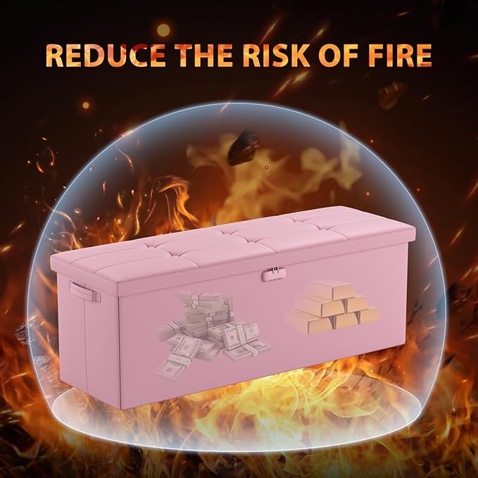 ENGPOW Storage Ottoman, Fireproof Folding Bench with Lock(15”x 43”x15”), Water-Resistant ＆ Heat Insulation Large Storage Chest with Handles＆2 Extra Spaces Safe for Living Room, Bedroom, Home, Pink