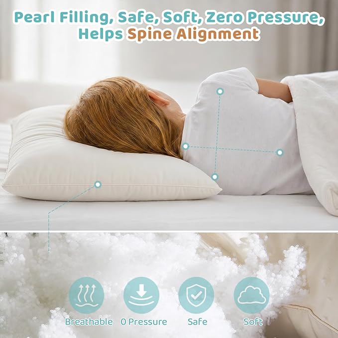 Organic Kids Pillow - 16x22 Toddler Pillow with 100% Organic Cotton Shell, 2 Pack Adjustable Loft Youth Pillow, Machine Washable Organic plilow, Soft, Perfect for Kids&Youth