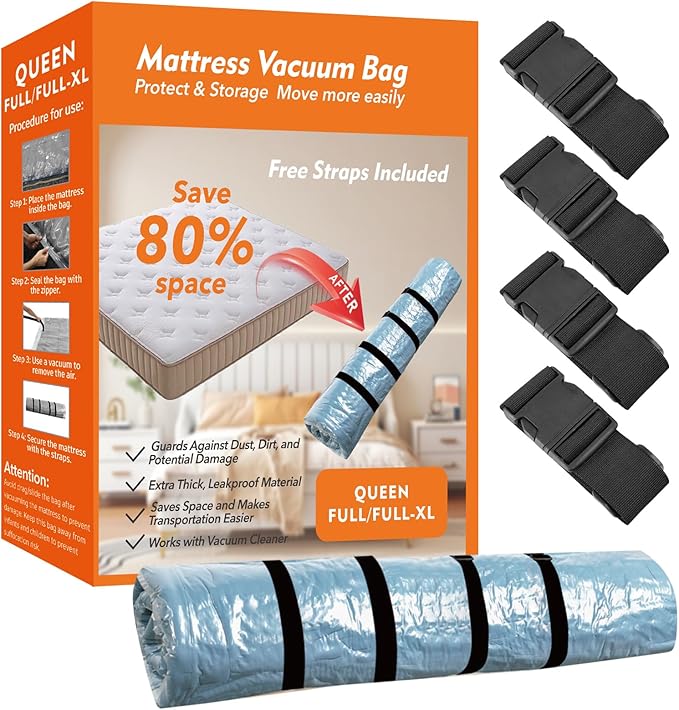 Mattress Vacuum Storage Bag for Moving Vacuum Seal Compression Bag with Straps for Memory Foam and Latex (Full/Queen Size)