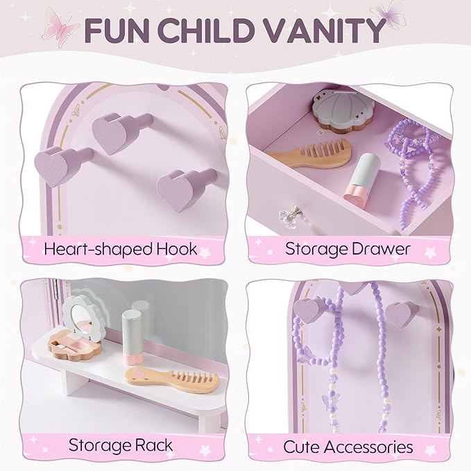 ROBOTIME Purple Kids Vanity Set, Makeup Vanity Desk with Mirror, Chair and Storage Drawers, Little Girl Dressing Table with Stool for Toddlers Ages 3+
