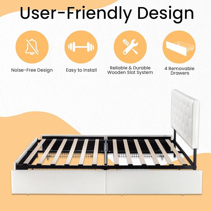SHA CERLIN Upholstered Queen Platform Storage Bed Frame with 4 Drawers, Adjustable Headboard with Faux Leather Diamond Button Tufted Design, Wooden Slat Support, No Box Spring Needed, White