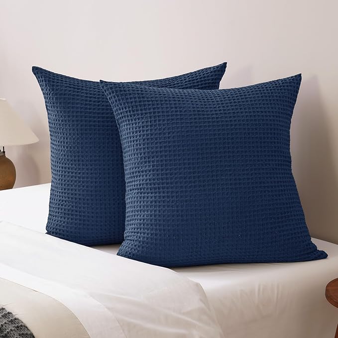 PHF Ultra Soft Waffle Weave Euro Shams Pillow Covers, No Filling, 2 Pack 26" x 26" Bed Cushion Covers, Breathable & Skin-Friendly Bed Pillow Shams for Stylish Home Decor, Navy Blue/Dark Blue