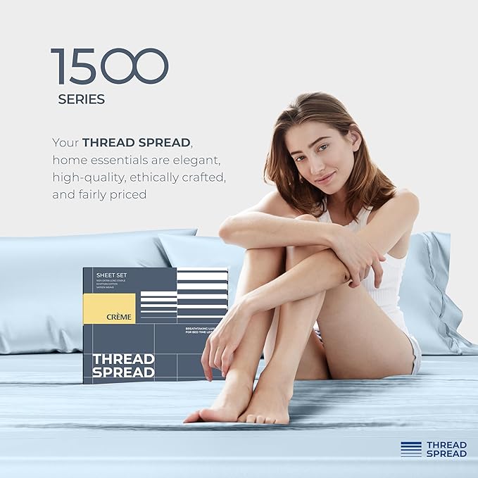 THREAD SPREAD 100% Egyptian Cotton Sheets Queen Size - Luxury 1500 Series Queen Sheet Set Egyptian Cotton (4 PC, Light Blue), Silky Soft, Sateen Weave, Cooling & Breathable, 17" Deep Pocket Bed Set