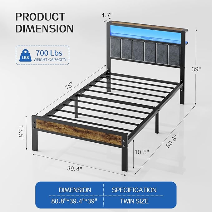 Liians Twin Size Platform Bed Frame with LED Lights, Grey Upholstered Headboard with 2-Tier Storage Shelves, Charging Station, Noise Free, No Box Spring Needed, Easy Assemably