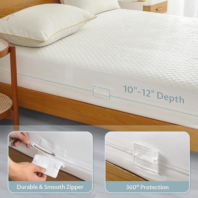 King Size Mattress Protector with Zipper - 100% Waterproof Zippered Mattress Cover - Soft & Cooling Noiseless Bed Mattress Covers - Top Removable Mattress Encasement 10-12" Deep