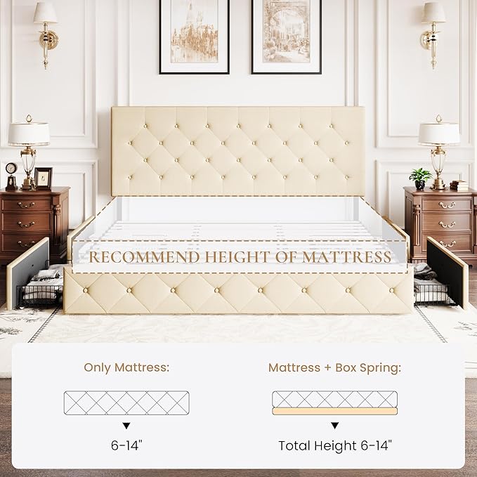 SHA CERLIN Upholstered King Size Platform Bed Frame with 4 Storage Drawers, Adjustable Headboard with Diamond Stitched Button Tufted Design, Wooden Slat Support, No Box Spring Needed, Beige