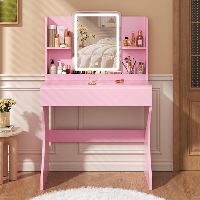 Small Vanity Desk with Mirror and Lights, Makeup Vanity with Storage Drawer, 2 Shelves and 3 Compartments - Pink