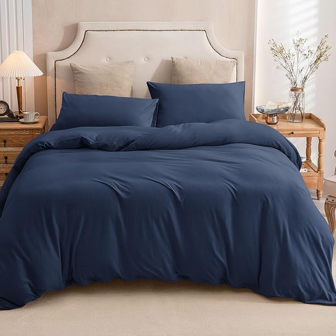 PURE ERA Jersey Knit Duvet Cover Set 100% T-Shirt Cotton Super Soft Comfy 3pc Bedding Set with Zipper Closure (Solid Navy Blue, King, 104'' x 90'')