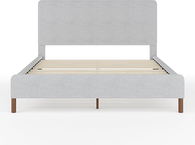 Martha Stewart Britta Platform Bed with Headboard & Footboard, Faux Linen Upholstery with Piping Detail, Rounded Headboard, No Box Spring Needed, Queen, Gray