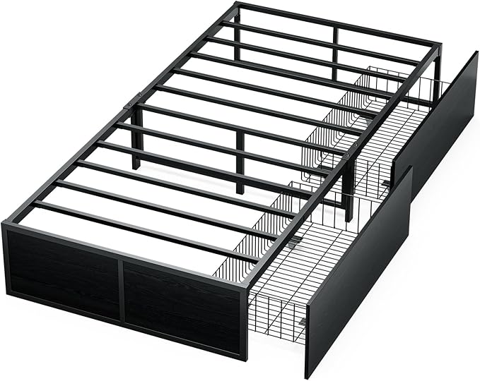 GAZHOME Twin Bed Frame with 2 XL Storage Drawers, Metal Platform Bed Frame with Footboard, 9 Strong Metal Slat Support/No Box Spring Needed/Easy Assembly/Space Saving,Black
