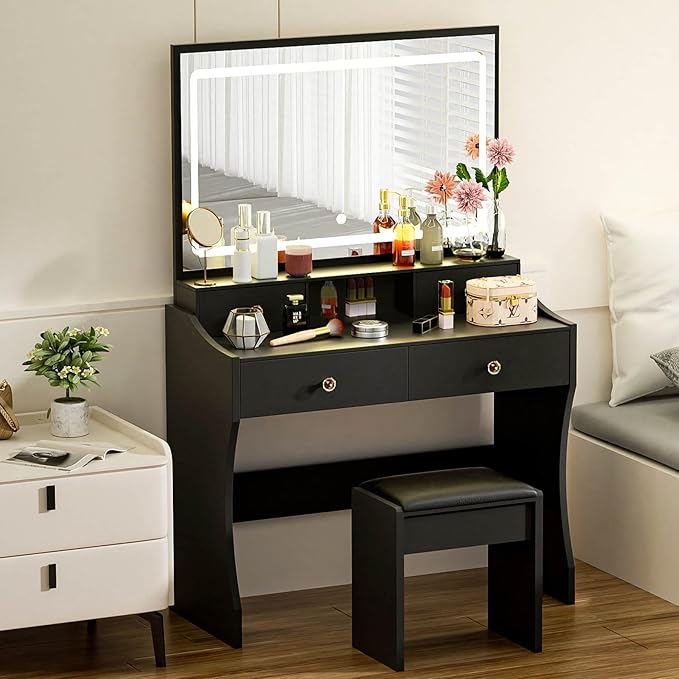 COMHOMA Vanity Desk with LED Lights Mirror & Power Outlet, Small Makeup Vanity Table Set with 5 Storage Drawers, 3 Lighting Modes & Adjustable Brightness, Dressing Table for Women Girls Bedroom, Black