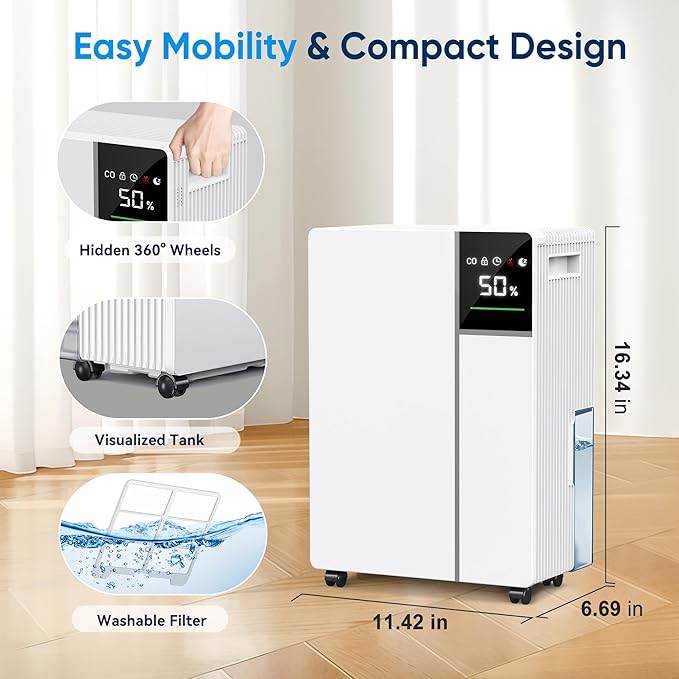 2500 Sq.Ft Dehumidifier for Basement with Drain Hose, Max 34 Pints Dehumidifiers for Home, Bedroom, Bathroom, Basement, Smart Humidity Presets, Three Modes, 24HR Timer, Quiet Operation