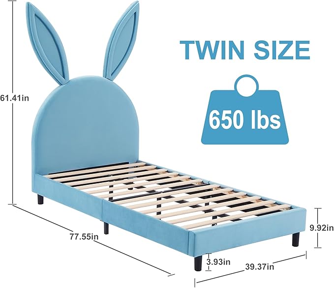 VECELO Twin Size Bed Frame with Storage Organizer, Heavy-Duty Platform with Rabbit Shaped Headboard for Girls Kids Room, Easy Assembly, Blue