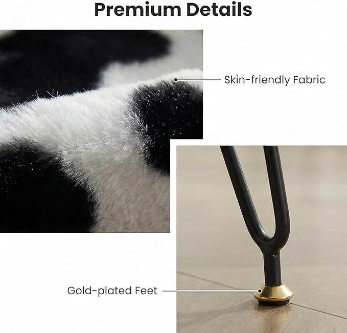 Vanity Stool Chair, Faux Fur Ottoman Foot Stool with Metal Legs & Adjustable Black Feet, Flip Top Storage Makeup Stool with Soft Padded Seat, Foot Rest for Makeup Room Bedroom, Cow
