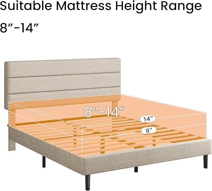 Queen Platform Bed Frame with Adjustable Linen Fabric Upholstered Headboard, Strong Slats Support, Noise-Free, No Box Spring Required, Easy Assembly for Bedroom Guest Room, Beige