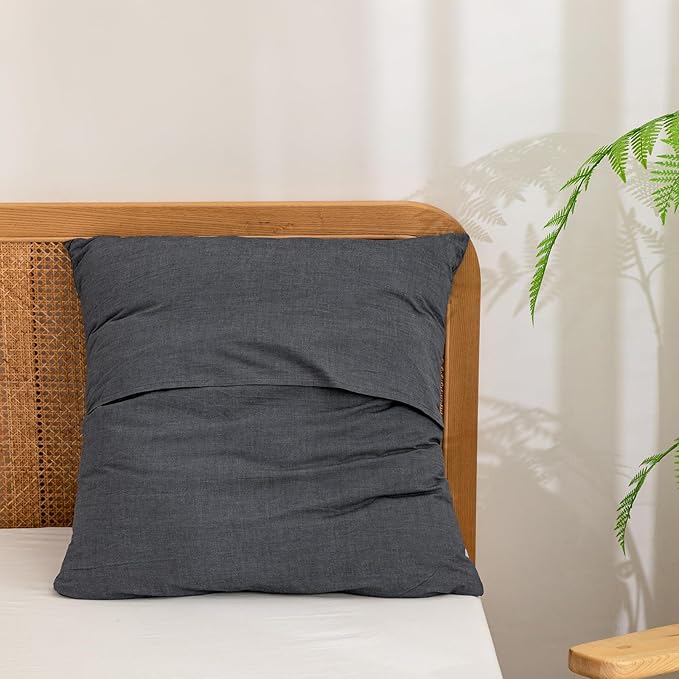 BESTOUCH 100% Washed Cotton Pillowcase for Hair and Skin Linen Feel Soft Comfortable Breathable 2 Set Pillow Case with Envelope Closure Solid Dark Black Euro 26x26 Inches