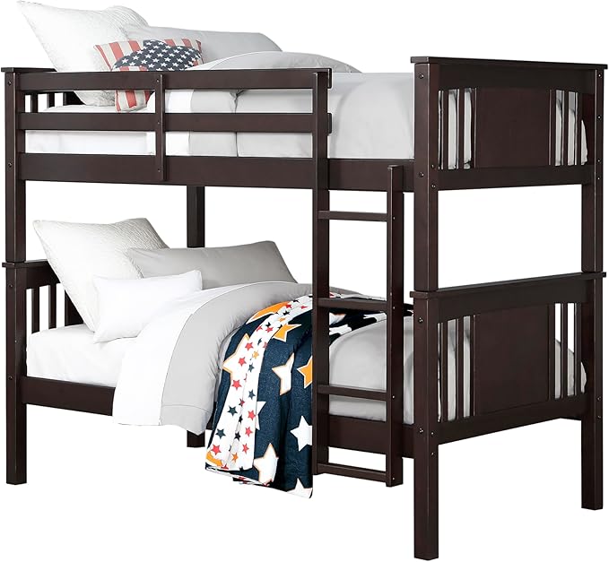 DHP Dylan Convertible Wood Bunk Bed, Stackable and Detachable Bed Frames for Kids and Teens, with Ladder, High Guardrail, Wood Slats, No Boxspring Required, Twin-Over-Twin, Espresso