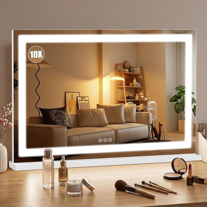 Vanity Mirror with Lights 32"x20", LED Makeup Mirror, 3 Color Lighting Modes, 10X Magnification, Smart Touch Control, Dimmable, Aluminum Metal Frame, Lighted Up for Vanity Desk (White)