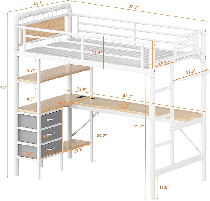 Jocoevol Twin Size Loft Bed with L-Shaped Desk, LED Lights,Charging Station, Industrial Heavy Duty Metal Loft Bed Frame with 3 Storage Shelves and 3 Fabric Drawers, Safety Guard & Ladder, White