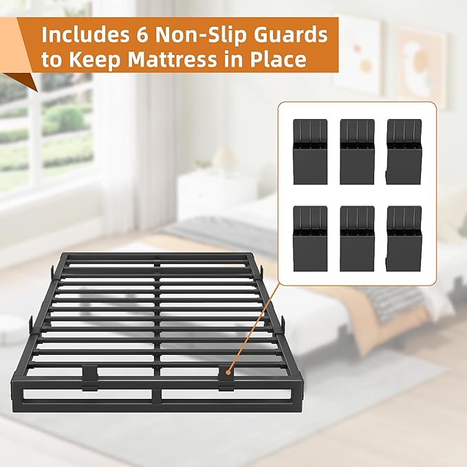 King Size Bed Frame, 6 Inch Metal Platform Bed Frames with Squeak Free U-Slot Design, 6 Non-Slip Guards, 3500lbs Heavy Duty Steel Slat Support, No Box Spring Needed, Under Bed Storage, Black
