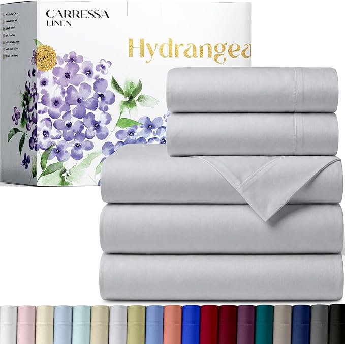 Carressa Linen 100% Egyptian Cotton Split King Sheets Sets for Adjustable Bed - 600 Series Hydrangeas Collection 5 PC Silver Top Split King Sheets, 16" Deep Pocket Sheet for Adjustable Bed