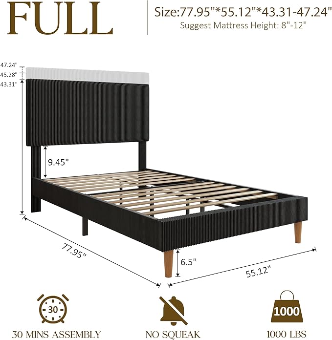 Full Size Bed Frame, Upholstered Platform Bed with Adjustable Headboard, Vertical Fluted Tufted, Soft Corduroy Fabric, Wooden Slats Support, No Box Spring Needed, Easy Assembly, Black