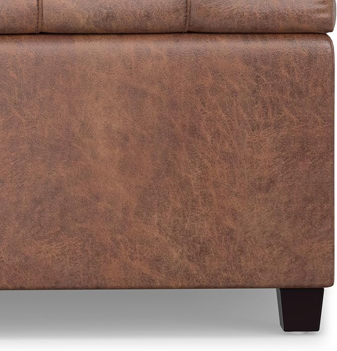 SIMPLIHOME Sienna Storage Ottoman Bench - 33 inch Wide Upholstered Vegan Leather Rectangle Storage Ottoman Bench in Distressed Saddle Brown, Transitional Tufted Ottoman for Living Room with Lift Top