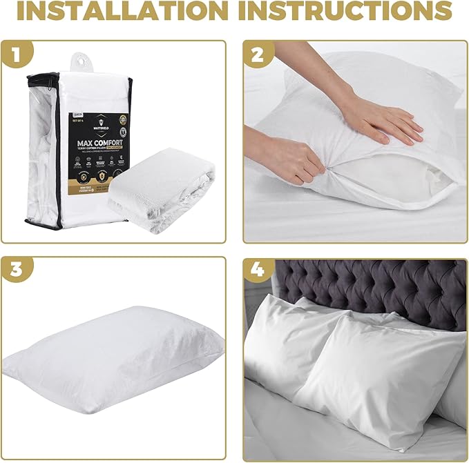 4-Pack MATTSHIELD Max Comfort Pillow Protectors, Standard — Zippered, 100% Waterproof, Organic Cotton Terry Surface, Quiet & Breathable Pillowcase Covers