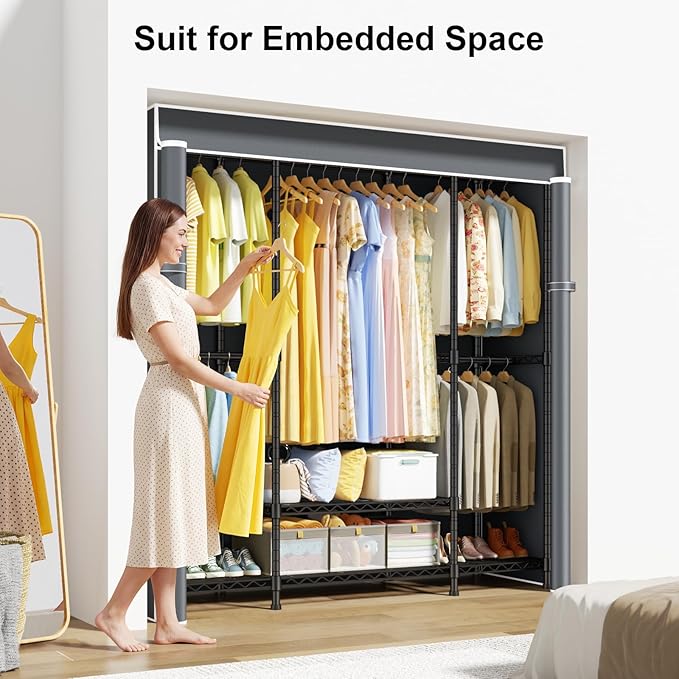 ULIFHOME E3C Black Clothes Rack with Gray Cover, Heavy Duty Freestanding Garment Rack, Metal Closet System Storage Organizer for Clothing, Holds up to 850 lbs, 59.5" W x 16.5" D x 77.4" H