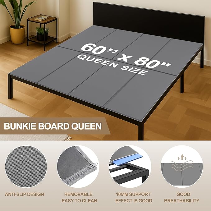 CroBlissful 10mm Bunkie Board Queen Size 60 x 80'' Heavy Duty Queen Bunkie Board Moisture Resistant Sleeper Sofa Support Under Mattress for Metal Frame Low Profile Bed Support Platform Bed Couch(Gray)