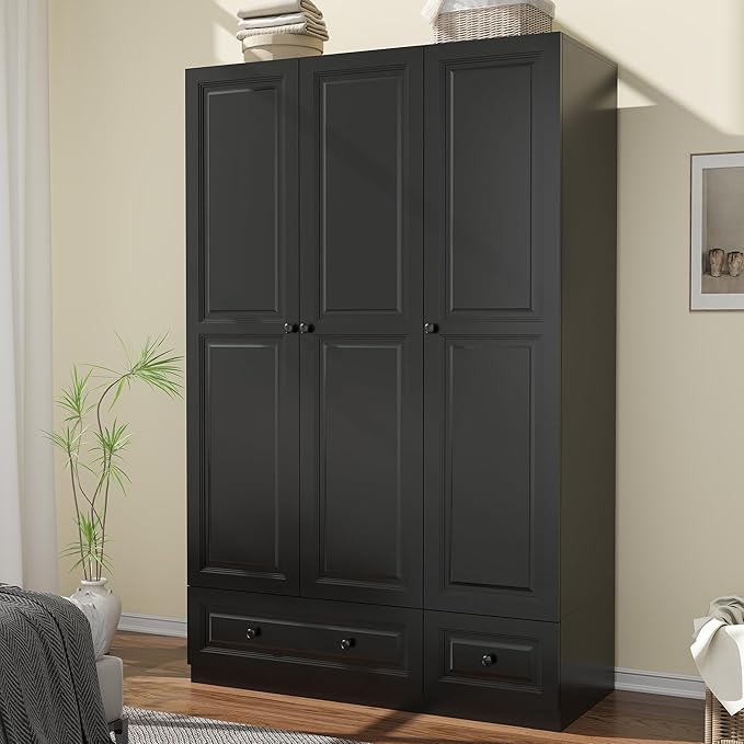 Armoire Wardrobe Closet with Drawers: 47" Black Wardrobe Closet with 3 Doors and 2 Drawers, Wood Clothes Armoire with Hanging Rod, Clothing Storage Cabinet for Bedroom