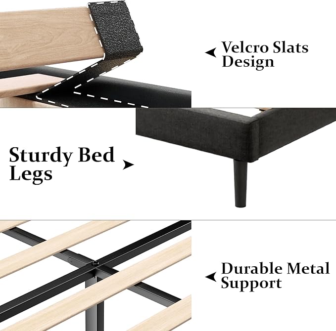 Gruwans Twin Size Bed Frame with Upholstered Wingback Headboard, Easy Assemnly Platform Bed, Wooden Slat Support No Box Spring Needed, Dark Gray
