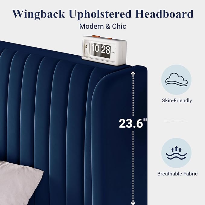 Allewie Full Size Velvet Bed Frame/Vertical Channel Tufted Wingback Headboard/Upholstered Platform Bed/Strong Wooden Slats/No Box Spring Needed/Easy Assembly/Blue