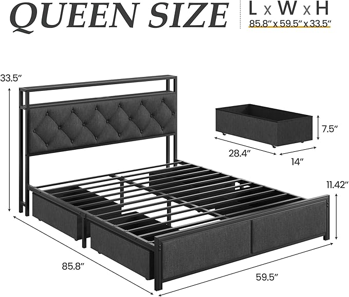 Fluest Queen Bed Frame with 4 Drawers, Upholstered Headboard with Storage, Fast Charging Station, LED Lights, Bed Frame Queen Size with Fabric Drawers, No Box Spring Needed, Easy Assembly, Grey