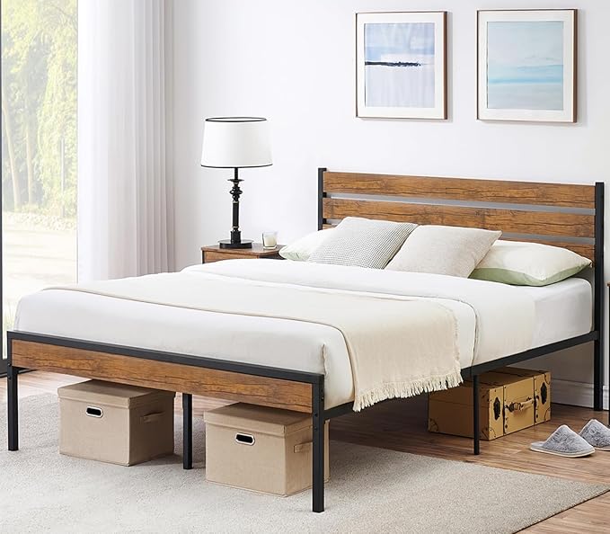 GarveeHome Queen Size Bed Frame with Wood Headboard, Strong Wood Slats Support, Under Bed Storage, Noise-Free, No Box Spring Needed