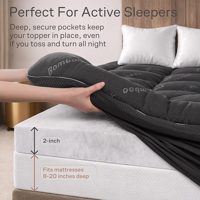Dual-Layer 4 Inch King Size Mattress Topper - 2” Memory Foam + 2” Viscose Made from Bamboo Mattress Pad - Double the Comfort & Back Support - Removable & Machine-Washable Cover, Dark Gray