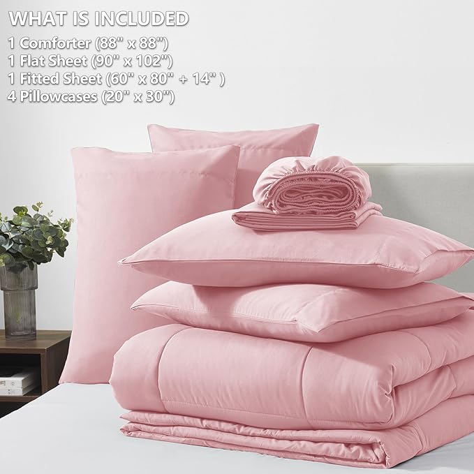 CozyLux Queen Comforter Set Pink, 7 Pieces Bed in a Bag, Pink Comforters Queen Size, All Season Bedding Sets with Stitch Quilted Comforter, Flat Sheet, Fitted Sheet, Pillowcases